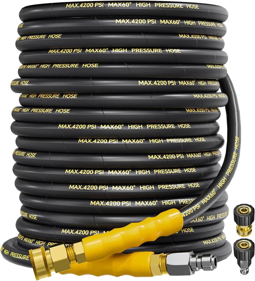 4200PSI Pressure Washer Hose 100FT with 3/8" Swivel Quick Connect for Cold/Hot Water, Kink Resistant Steel Wire Braided,1/4" Wear Resistant Power Washer Hose with 2 M22 14mm Adapter Set