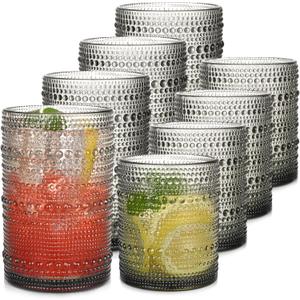 Gray Hobnail Drinking Glasses Set of 8 15 oz Vintage Highball Glassess & 12 oz Cocktail GlassesDrinkware Kitchen Glasses for Cocktail, Iced Coffee, Beer, Ice Tea, Wine, Whiskey, Water