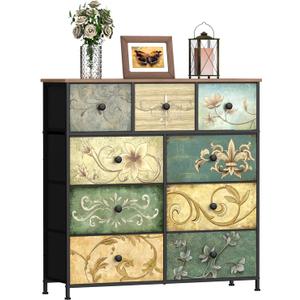 Tohomeor Dresser with Drawers for Bedroom Chest of Drawers Fabric Dresser for Closet,Nursery Entryway Hall Tree TV Stand for Living Room Retro Floral Pattern Drawers Wooden Top (9 Drawers), 11.8"D x 39"W x 39.4"H