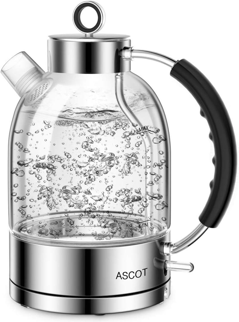 ASCOT Electric Kettle, Glass Electric Tea Kettle Gifts for Men/Women/Family 1.6L 1500W Borosilicate Glass Tea Heater, with Auto Shut-Off and Boil-Dry Protection (Silver)
