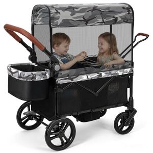 ELEMARA All-Terrain Stroller Wagon for 2 Kids, Foldable Kids Wagon Stroller Includes Removable Canopy, Mosquito net, Adjustable Push Pull Handle, Snack Tray & Cup Holders, Storage Basket, Black + White