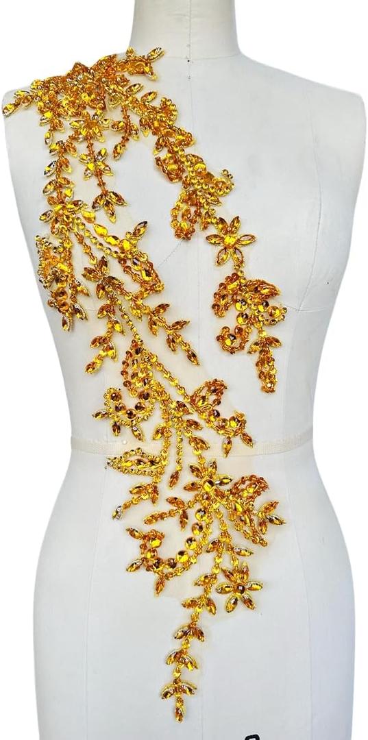 PLune Handmade Shining Acrylic Rhinestones on lace Applique Sewing Beads Stones Trim Patches Accessories for Wedding Dress (Gold Right) PLune Handmade Shining Acrylic Rhinestones on lace Applique Sewing Beads Stones Trim Patches Accessories for Wedding Dress (Gold Right)