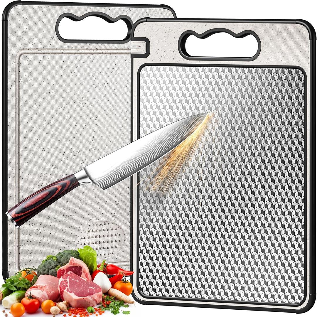 Titanium Cutting Board Double Sided 14.49.8,Titanium/Wheat Straw Non Toxic Lightweight Chopping Board for Kitchen,Separately Handle Meat and Vegetables,Scratch Resistant Mesh Design,Dishwasher Safe (Black)