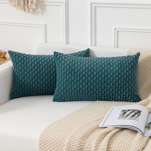 Kevin Textile Throw Pillow Covers Soft Corduroy Decorative Set of 2 Boho Striped Pillow Covers Pillowcases Farmhouse Home Decor for Couch Bed Sofa Living Room 12x20 Inch Teal Blue