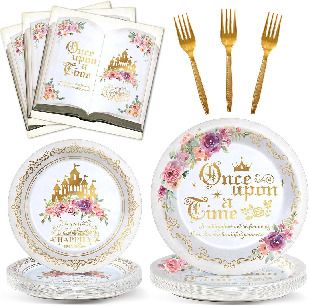 96Pcs Fairytale Princess Plates and Napkins Once Upon a Time Party Tableware Set Plates for Wedding Girl Pink Floral Gold Castle Dinnerware for Birthday Party Baby Shower Decoration Supplies Serve 24