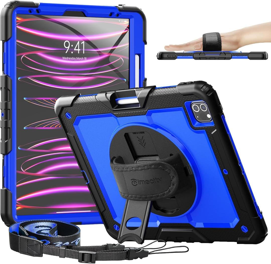 Timecity iPad Pro 12.9 Case 6th/5th/4th/3rd Gen, 360 Rotating Stand, Pencil Holder & Wireless Charging, Shockproof with Screen Protector & Shoulder Strap - for Designers & Professionals - Dark Blue (Dark Blue)