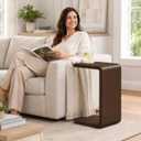 CHSSIH C Shaped End Table for Couch - Wood Sofa Side Table, Dark Walnut, 13.8"D x 9.8"W x 24.4"H