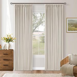 Pleated Cream Ivory 86 Inch Blackout Curtains for Living Dining Room 2 Panels Set Boho Farmhouse Pinch Pleat Natural Linen Black Out Bedroom Curtains Thermal Insulated Room Darkening 2 Layer Design