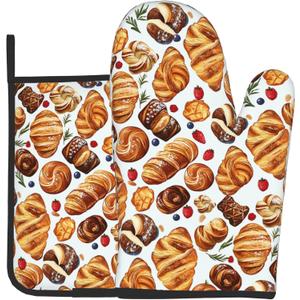 Oven Mitt and Pot Holders Sets - Food Oven Gloves Hot Pads Set of 2 Bread Kitchen Mitts for Cooking BBQ Baking Grilling (Delicious Toast and Fruit)