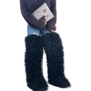 SWEETHEART BEAUTY Thigh High Shagy Teddy Fur Boots, 29 Inch Over the Knee Length Fluffy High Boots, Tall Furry Shoes For Women (12, Black)