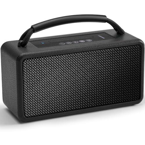 DINDIN Portable Bluetooth Speaker: 80W (Peak), 20H Playtime, Loud Wireless Wood Speakers with Bass, AUX and USB Input, Subwoofer, TWS Pairing, Vintage Speaker for Outdoor, Home, Office (Black)