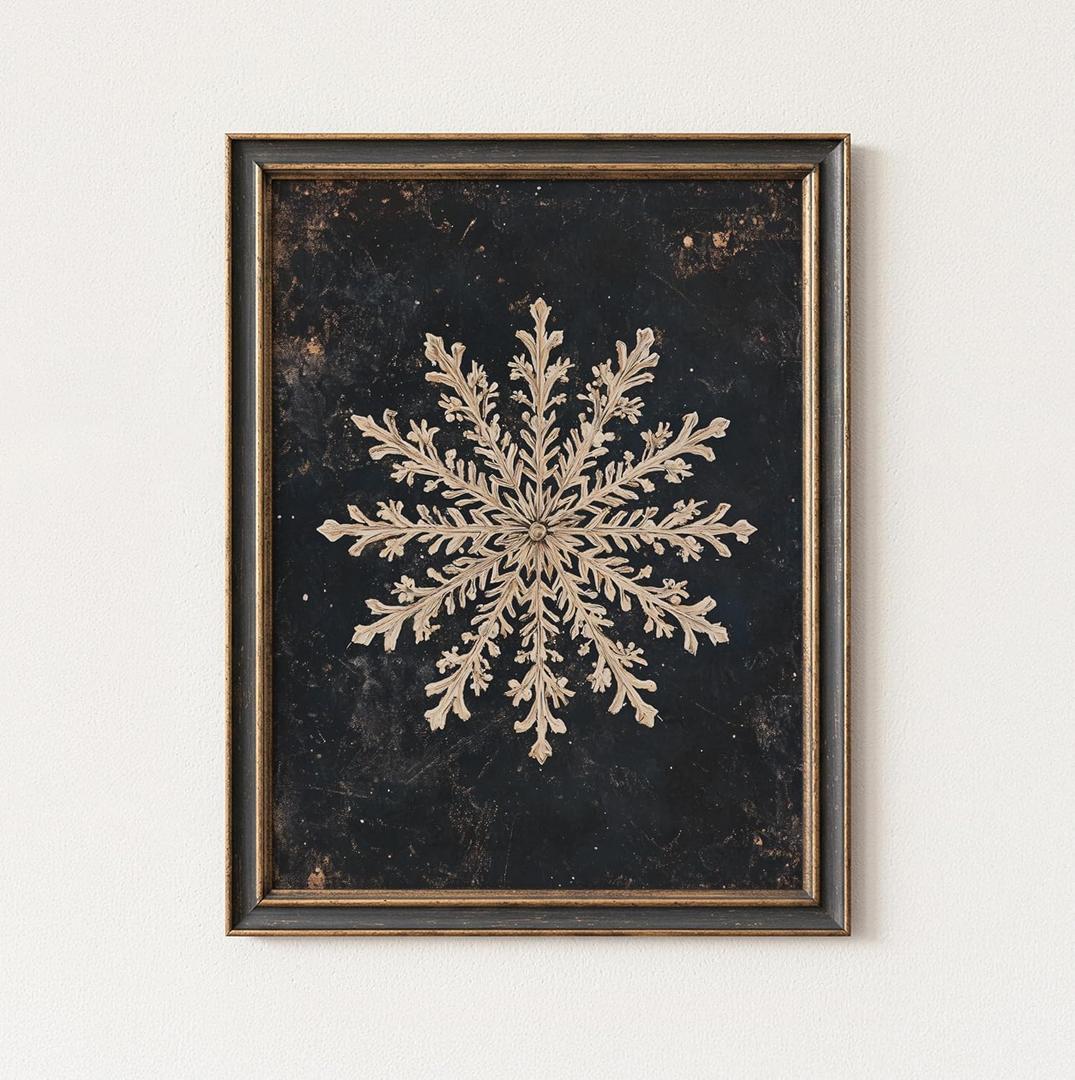 InspireWithPrint Rustic Snowflake Wall Art Print, Moody Christmas Snow Painting, Dark Winter Holiday Dcor for Living Room or Entryway (11x14)