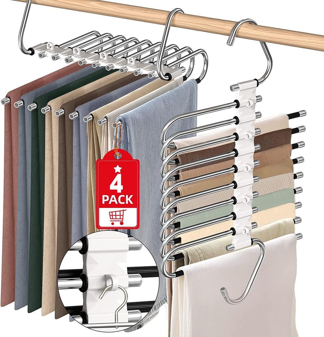 Upgrade 9 Layers Pants Hangers Space Saving, Non Slip Stainless Steel Multifunctional Pants Rack S-Type Clothes Pant Closet Hanger Organizer for Pants Jeans Trousers Scarf Skirts(4 Pack, Antiquewhite)