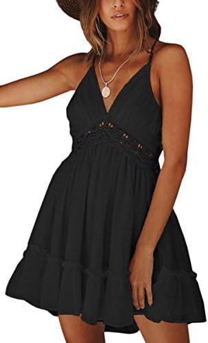 ECOWISH Summer Dresses for Women 2025 V-Neck Spaghetti Strap Bowknot Backless Sleeveless Lace Mini Swing Skater Dress Small