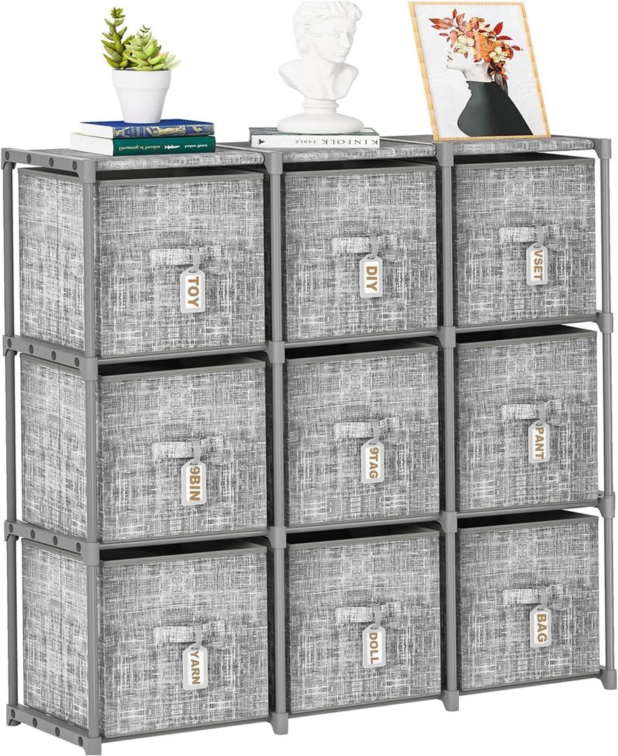 9 Cube Closet Organizer with Beautiful Printed Drawers + Labels, Storage Shelf, Toy Cubby Organizer (Grey)