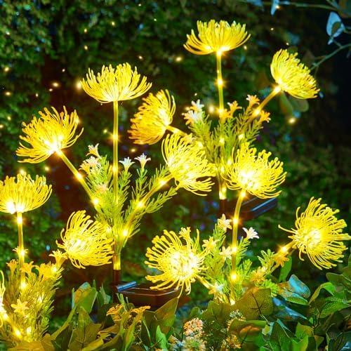 Brightown Outdoor Solar Garden Lights - 4 Pack LED Solar Flower Lights with Glowing Flowers & Stems, More Realistic, Bigger Solar Panel, Waterproof Solar Lights for Outside Yard Patio Home, Yellow