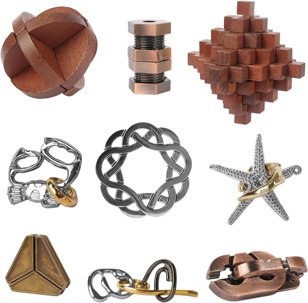 9pcs Retro Wooden and Metal Puzzles Bulk Gift for Kids, Teens, and Adults Unlock Interlock Brain Teasers Toys Game.