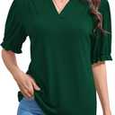 Womens Puff Short Sleeve Tops Summer V Neck Ruffle Collar T Shirt Business Casual Blouse Loose Casual Tshirts (Green, XL)