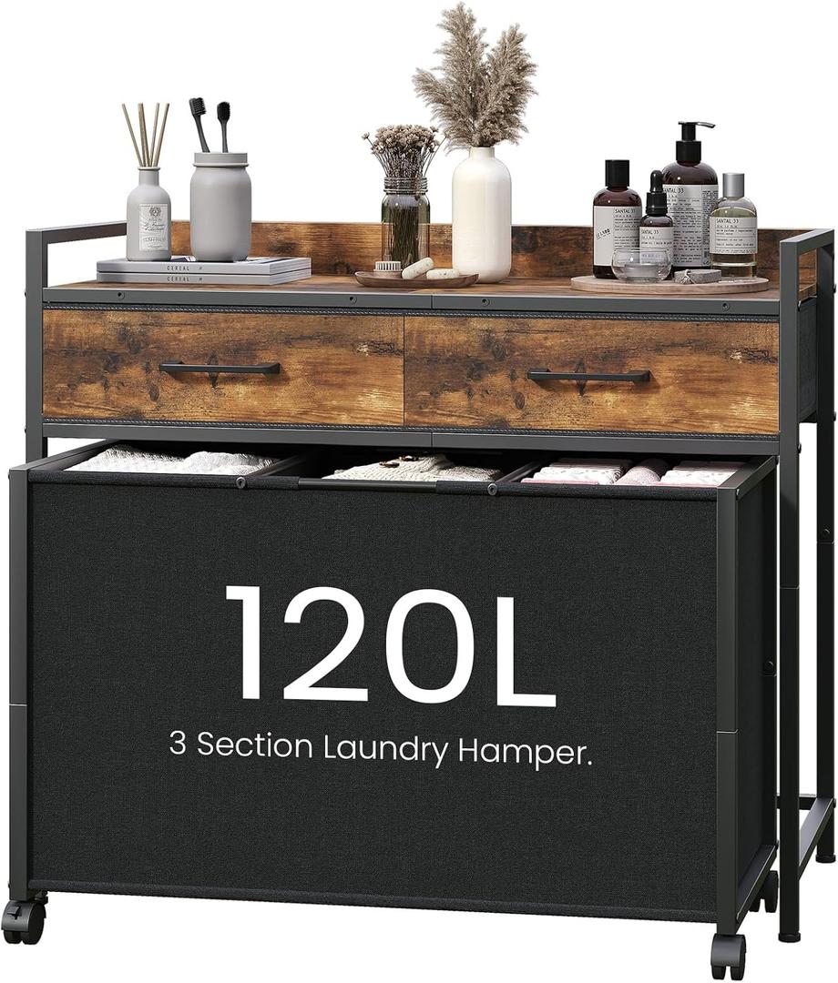 Laundry Hamper baskets 3 Section with 2 Drawers & 3 Pull-Out Rolling Bags, Laundry Sorter with Shelf and Wheels for bathroom Organization and Storage, 32Gallons (120L), Rustic Brown