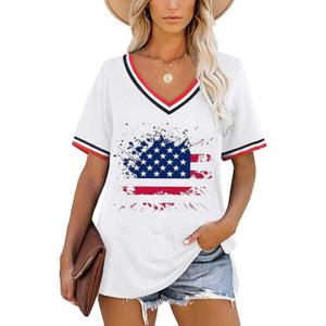 Women's V-Neck Short Sleeve USA Patriotic American Flag Star Red White Blue Holiday Shirts (Large)