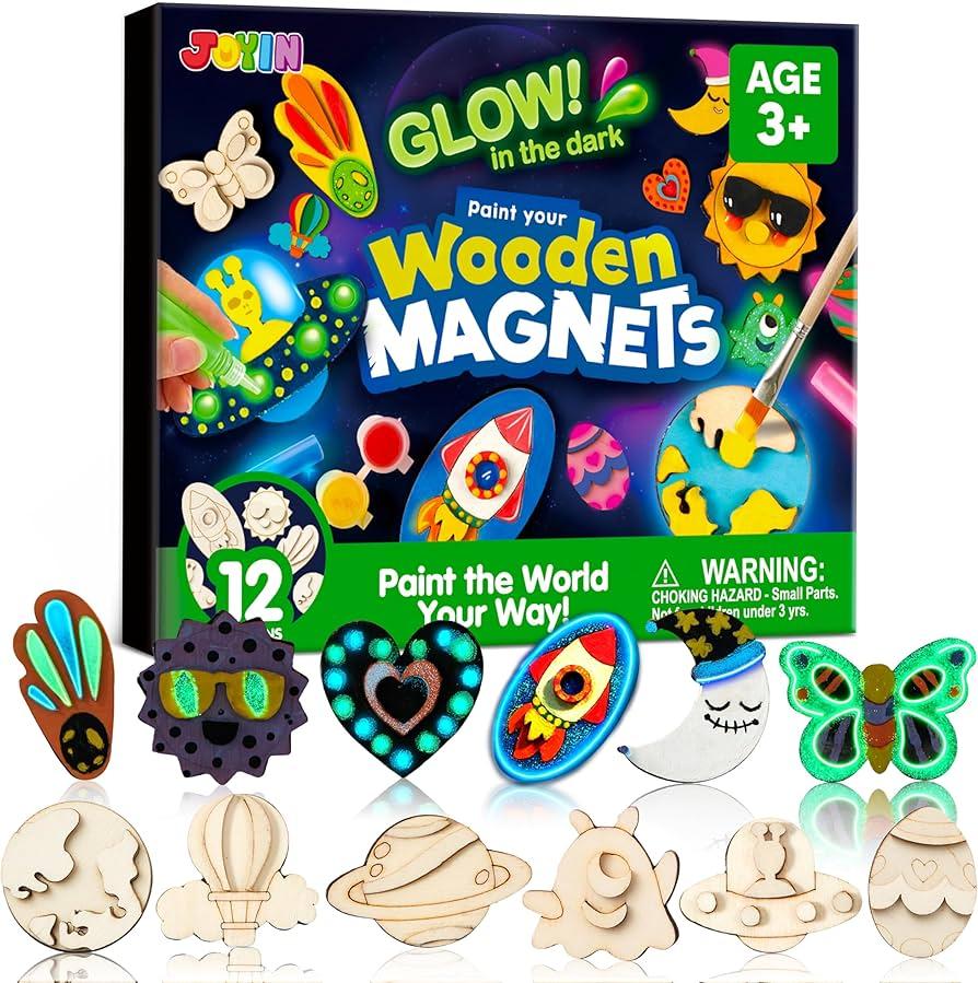 JOYIN 12 Glow in The Dark Wooden Magnets for Kids, Paint Your Own Arts and Crafts Painting Kit, Halloween Crafts Birthday Parties and Family Crafts Gift, Party Favors for Boys Girls Ages 3+