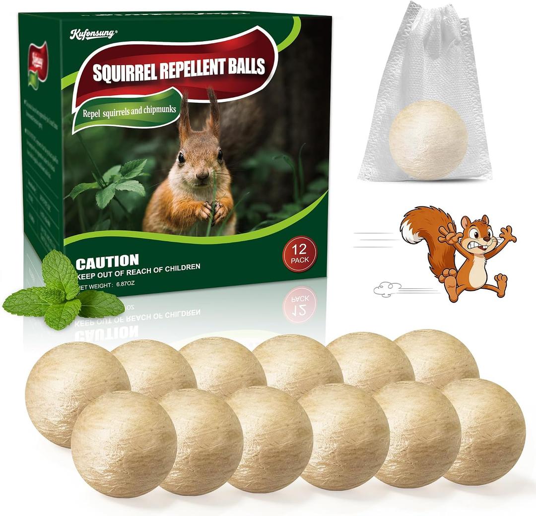 12 Pack Squirrel Repellent Balls- Chipmunks & Rodents Repellent for Outdoor & Indoor Use,Cars,Gardens, Bird Feeders & Attics-Safe for People,Plant-Based