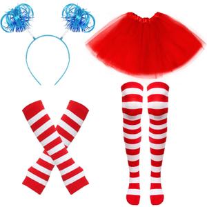 4Pcs Red and Blue Layered Tulle Tutu Costumes Set with Ponytail Headband Fingerless Gloves Knee High Socks for Women