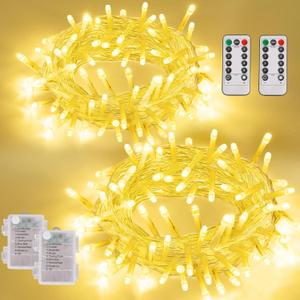 YEGUO Battery Operated String Lights Indoor, 2 Pack Each 33ft 100 LED Twinkle Fairy Lights for Bedroom with Remote, 8 Modes Clear Wire Warm White Christmas Lights Outdoor Waterproof