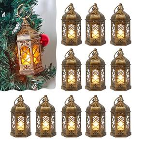 Reperla Mini Lantern Decorative, 12Pcs Small Lanterns with LED Candle, Ramadan Decorations, Hanging Vintage Moroccan Lantern Bulk for Easter Wedding Xmas Party Table Centerpiece, Brushed Brass
