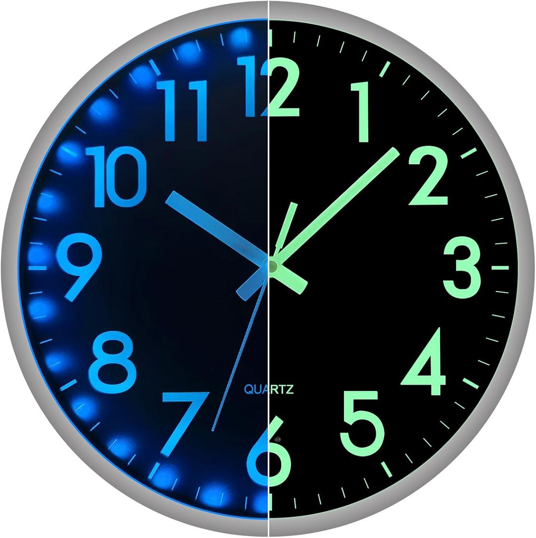 JoFomp LED Wall Clock for Bedroom Night Glow, 12 Inch Silent Wall Clocks Battery Operated, Light Up Wall Clocks for Living Room Decor, Sound Control Modern Wall Clock Glow in Dark for Kitchen Office