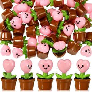Threehoney 30 Pcs Mini Resin Flowers Samll Heart Statues Mini Resin Potted Heart Flower Statues for Birthday Desktop Decorations DIY Miniature Landscape Fairy Garden Decor(Pink)