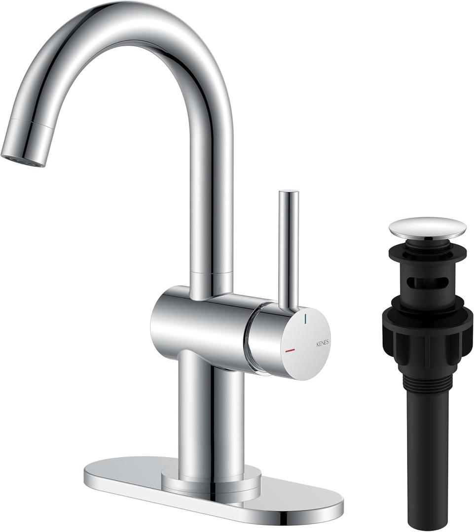 KENES Polished Chrome Bathroom Faucets Single Handle Modern Prep Wet Bar Sink Faucets Bathroom Sink Faucet with Drain Assembly & Deck Plate, Farmhouse RV Camper Outdoor Utility Faucet, KE-9005B-5 (Short)
