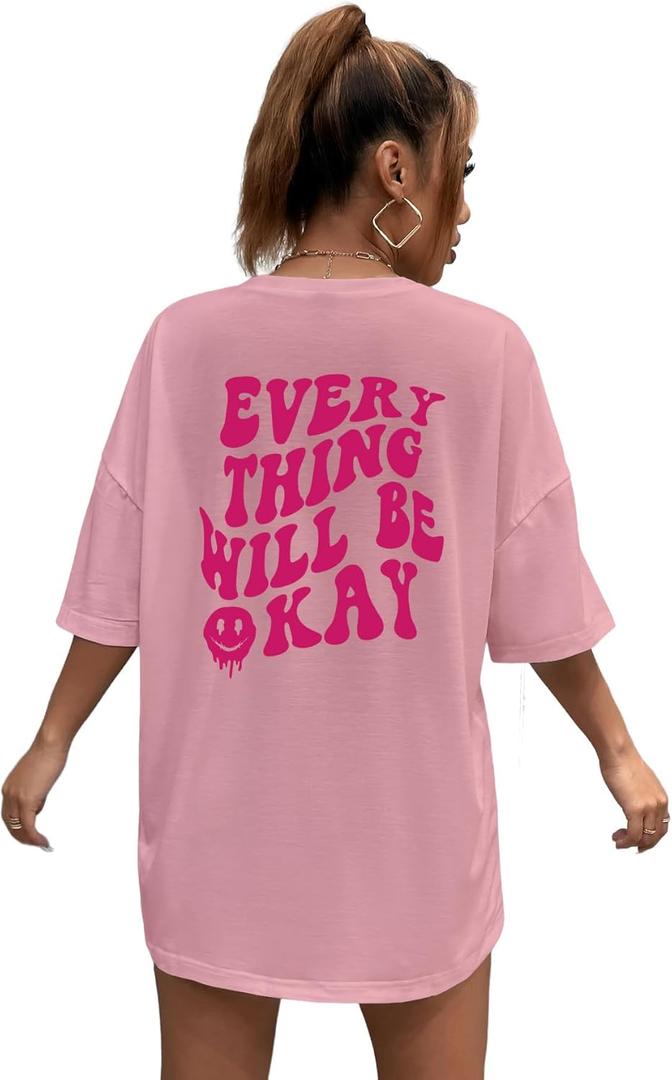 SOLY HUX Women's Oversized T Shirts Graphic Tees Letter Print Casual Trendy Summer Loose Tops (Large, Pink)