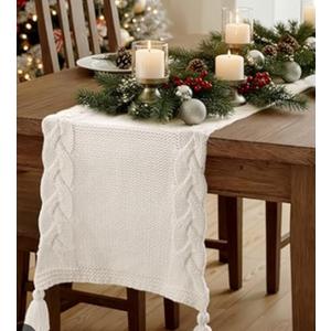 MelonBoat Cable Knitted Table Runner: 12X72 Inch Boho Cream White Braided Table Runner, Farmhouse Christmas Table Runner with Tassels, Christmas Table Decoration for Home Banquet Dining Holiday Party
