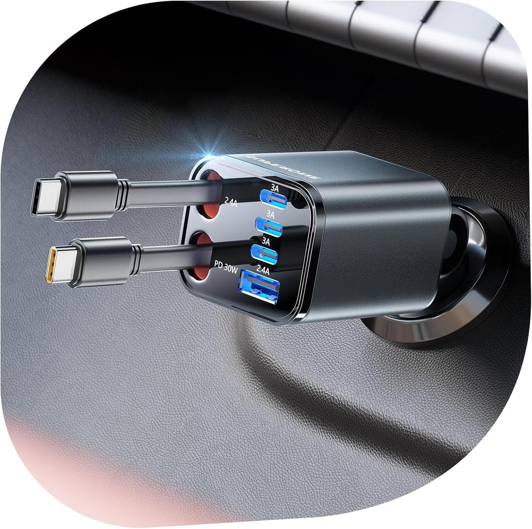 SUPERONE 6 in 1 Retractable Car Charger with Dual Type C Cables, 99W Ultra-Compact USB C Car Accessories Adapter with 4 USB Ports, Fast Charging Car Charger for iPhone 17/16/15/14/13/12, Galaxy, iPad