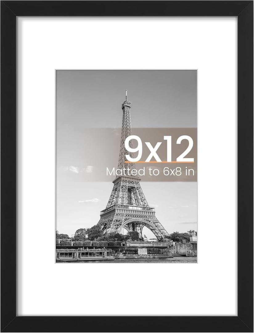 upsimples 9x12 Picture Frame, Display Pictures 6x8 with Mat or 9x12 Without, Wall Hanging Photo Frames, Black, 1 Pack