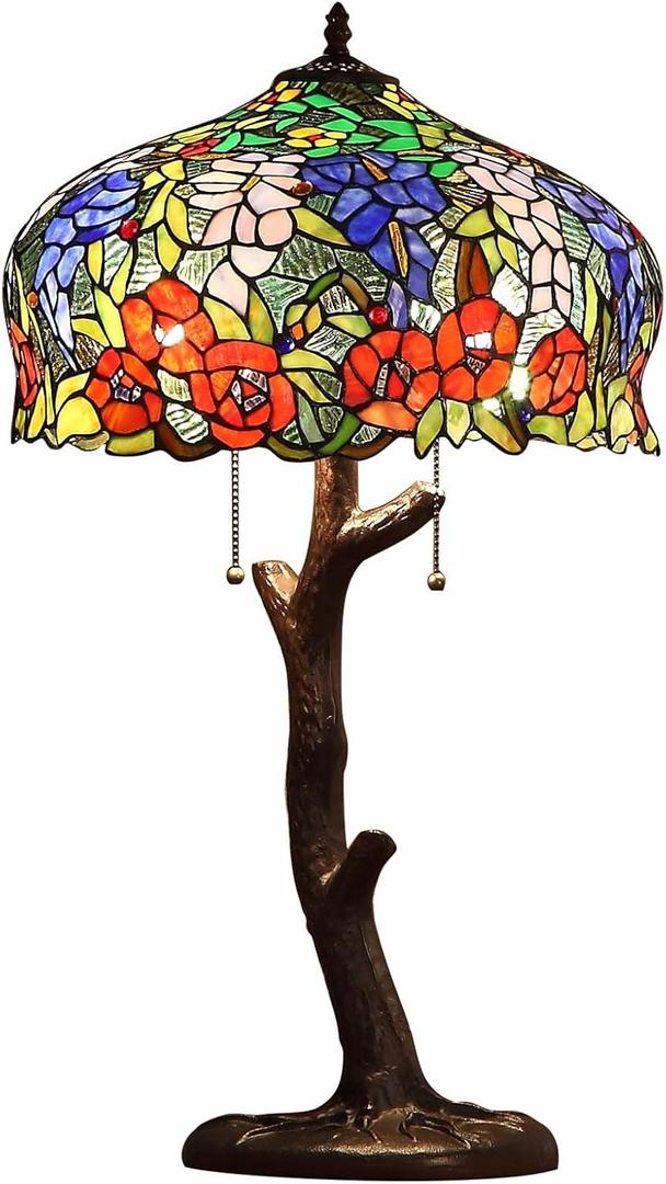Bieye L10523 Wisteria Flower Tiffany Style Stained Glass Table Lamp with Tree Trunk Base for Home Decoration (Multi-Colored, 16-inch Wide)