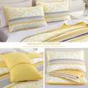 DJY Striped Quilt Set Queen Size, Yellow Grey Boho Striped Patchwork Leaves Printed Bedspread Coverlet Set 3 Pieces Soft Lightweight Microfiber Quilted Bedding Set for All Season (96"x90")