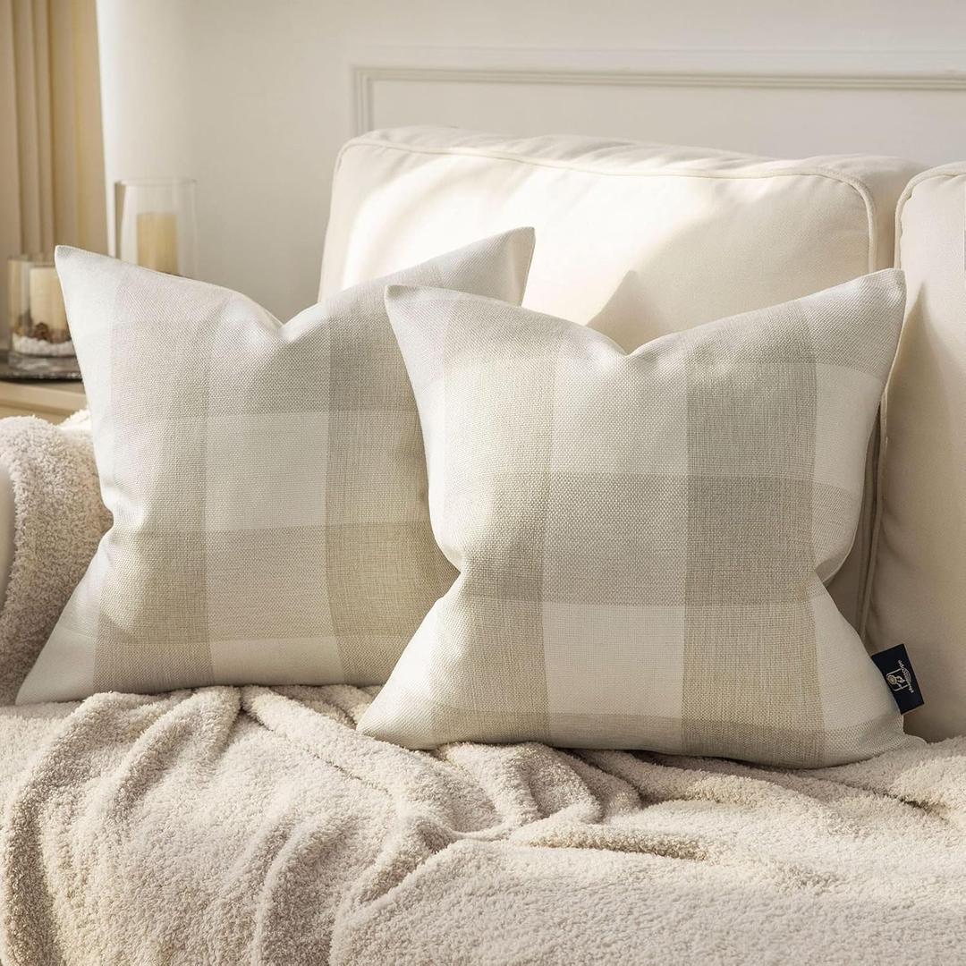 Phantoscope Pack of 2 Gingham Buffalo Check Plaid Throw Decorative Pillow Cover Outdoor Indoor Throw Pillows Farmhouse Square Pillow Cases for Home Decor Off White, 20 x 20 Inches
