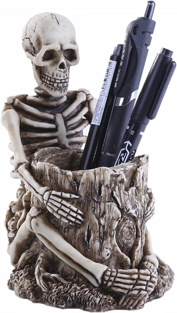 Skull Pen Holder Resin Skeleton Key Holder Makeup Brush Holder Toothbrush Holder Halloween Home Office Storage Desk Supplies Halloween Decor (Style A)