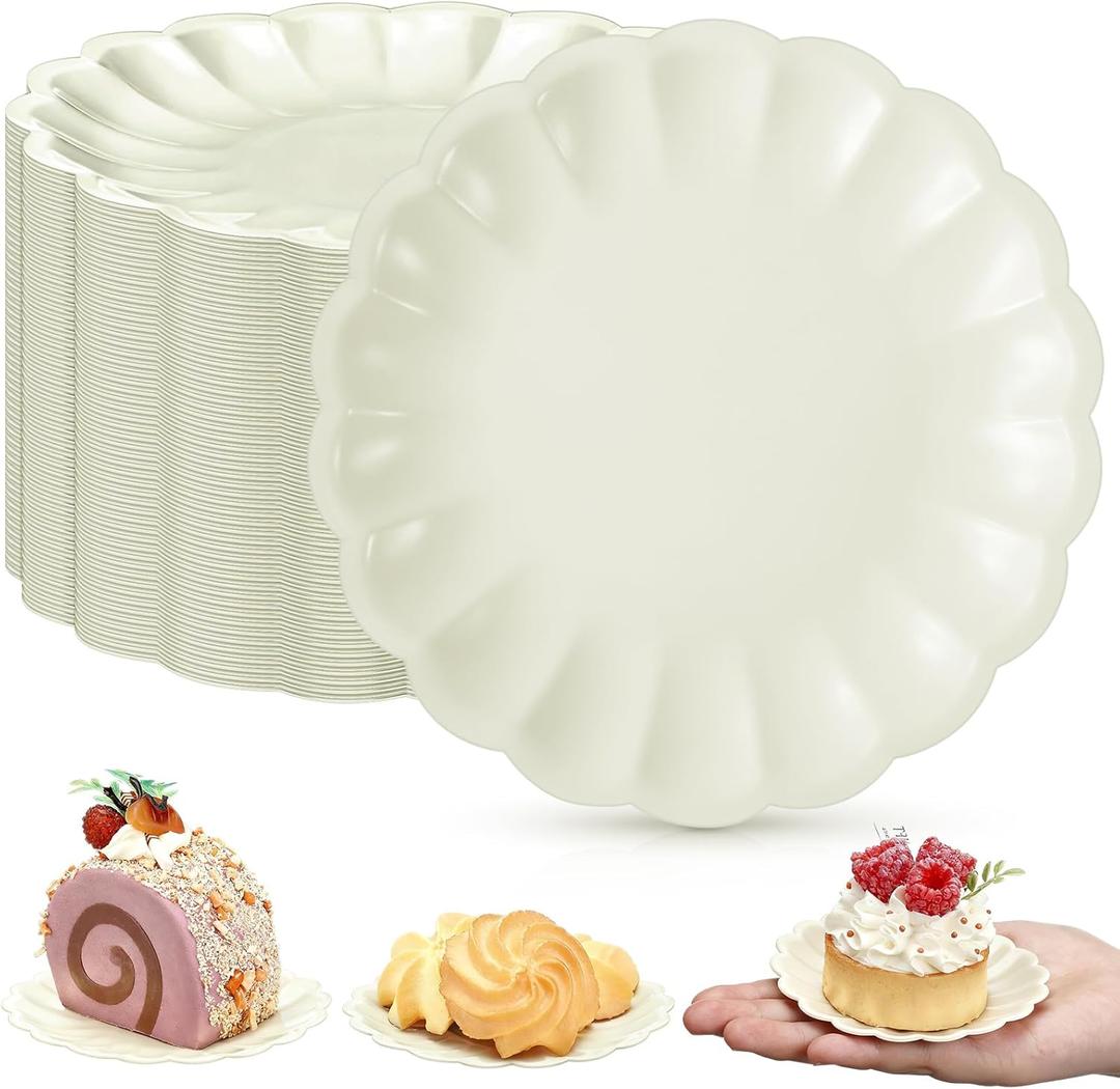 Yungyan 100 Pcs Mini Dessert Plates Cupcake Plates 3.5 Inch Cream Scalloped Rim Mini Paper Dessert Dish for Cake DIY Baking Party Wedding Birthday