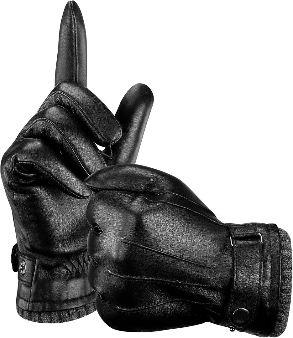 Aegend Leather Gloves for Men, Soft Warm Lining Full Hand Touchscreen Winter Gift Thermal (Large, Black - Genuine Leather)