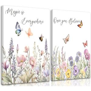 2Pcs Wildflower Nursery Canvas Wall Art Inspirational Floral and Plant Paintings Decorative Paintings Boho Girl Nurseries Poster Print Artwork Nursery Baby Room Living Room Bedroom Home Decoration