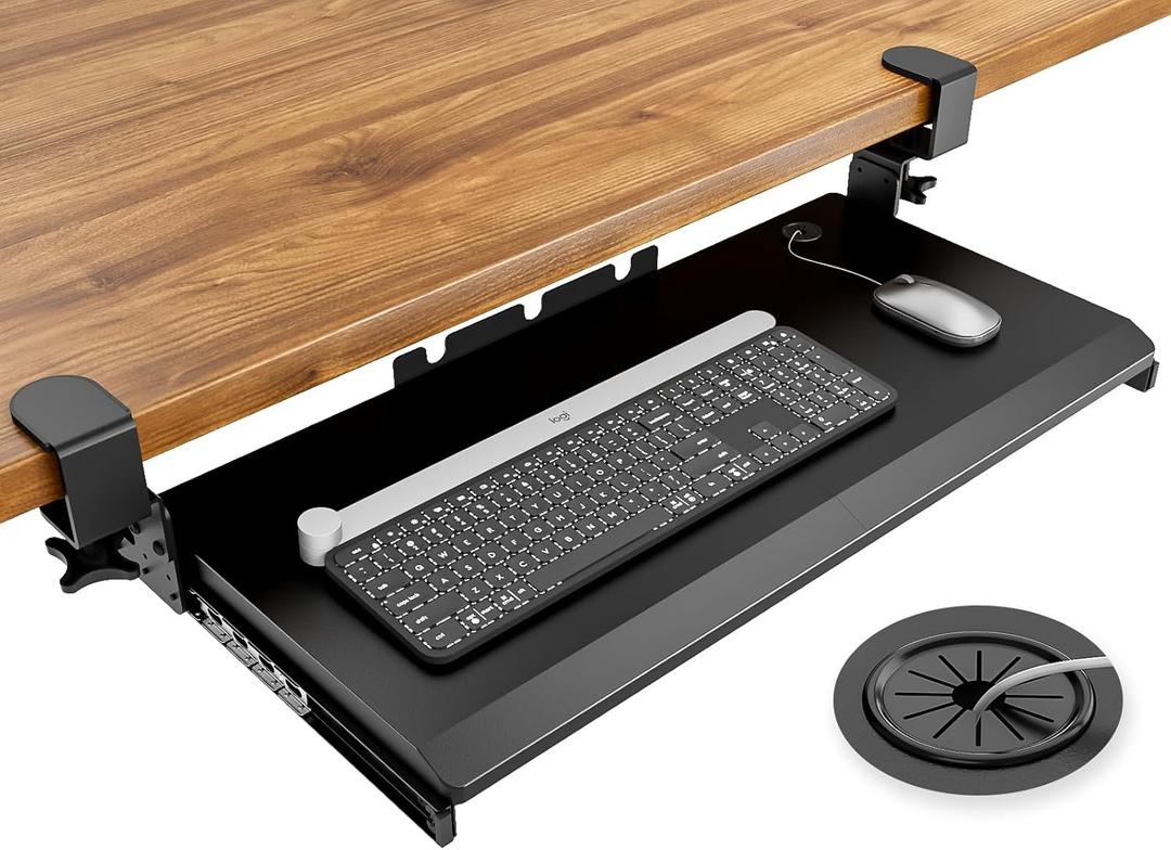 Keyboard Tray Under Desk Pull Out with Extra Sturdy C Clamp Mount System, 27.3 (32.5 inch Including Clamps) x 11 Inch Slide-Out Platform Computer Drawer for Typing Black