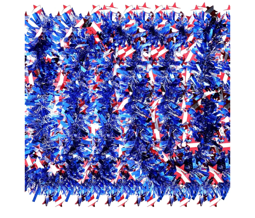 WILLBOND 6 Pcs Total 40 Feet 4th of July Decoration Red White Blue Tinsel Garland Patriotic Metallic Chunky Glitter Tinsel for Memorial Day Independence Day Celebration Holiday Decorations