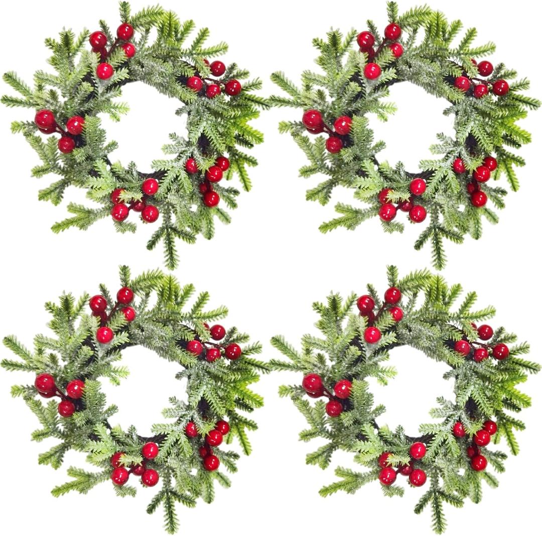 4 Pcs Christmas Wreath, Candle Rings with Pine boughs and Berries, Artificial Table Greenery Wreath, Candle Wreath Suitable for Thanksgiving, Easter, Christmas Decorations