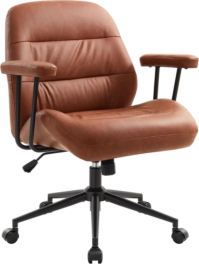 IWMH Leather Office Chair with Removable ArmrestsMid-Back Ergonomic Desk Chair with Lumbar SupportAdjustable Height 360 Swivel Executive Task Chairs for Home Office (Brown)
