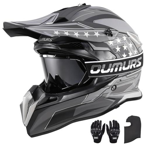 OUMURS DOT Adult Dirt Bike Helmet with Goggles Gloves & Mask Adjustable Sun Visor Motorcycle Adult ATV Helmet Off-Road Motocross Downhill Moped MX BMX for Unisex Adult-188-Black Star, M