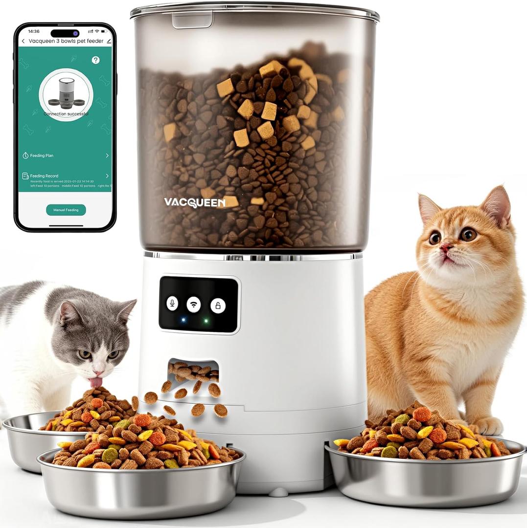 Automatic Cat Feeder for 3 Cats, 6L/25 Cup Cat Food Dispenser with Strong Anti-Jam System, Dual-Effect Desiccant, Smart WiFi App Control Pet Feeder, Automatic Dog Feeder for Cats and Small Dog (White)