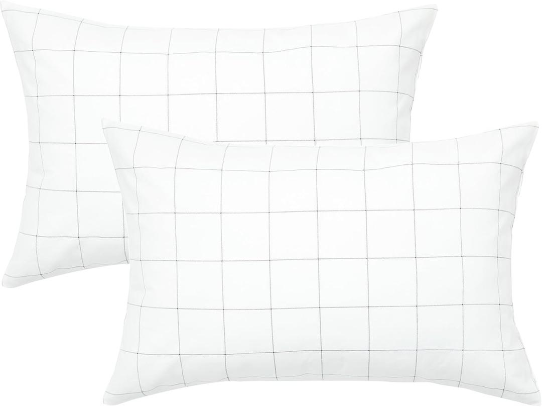 JELLYMONI 100% Natural Cotton Plaid Standard Pillowcases Set, 2 Pack White with Black Grid Geometric Pattern Printed Pillow Covers with Envelope Closure(Pillows are not Included) (0603)